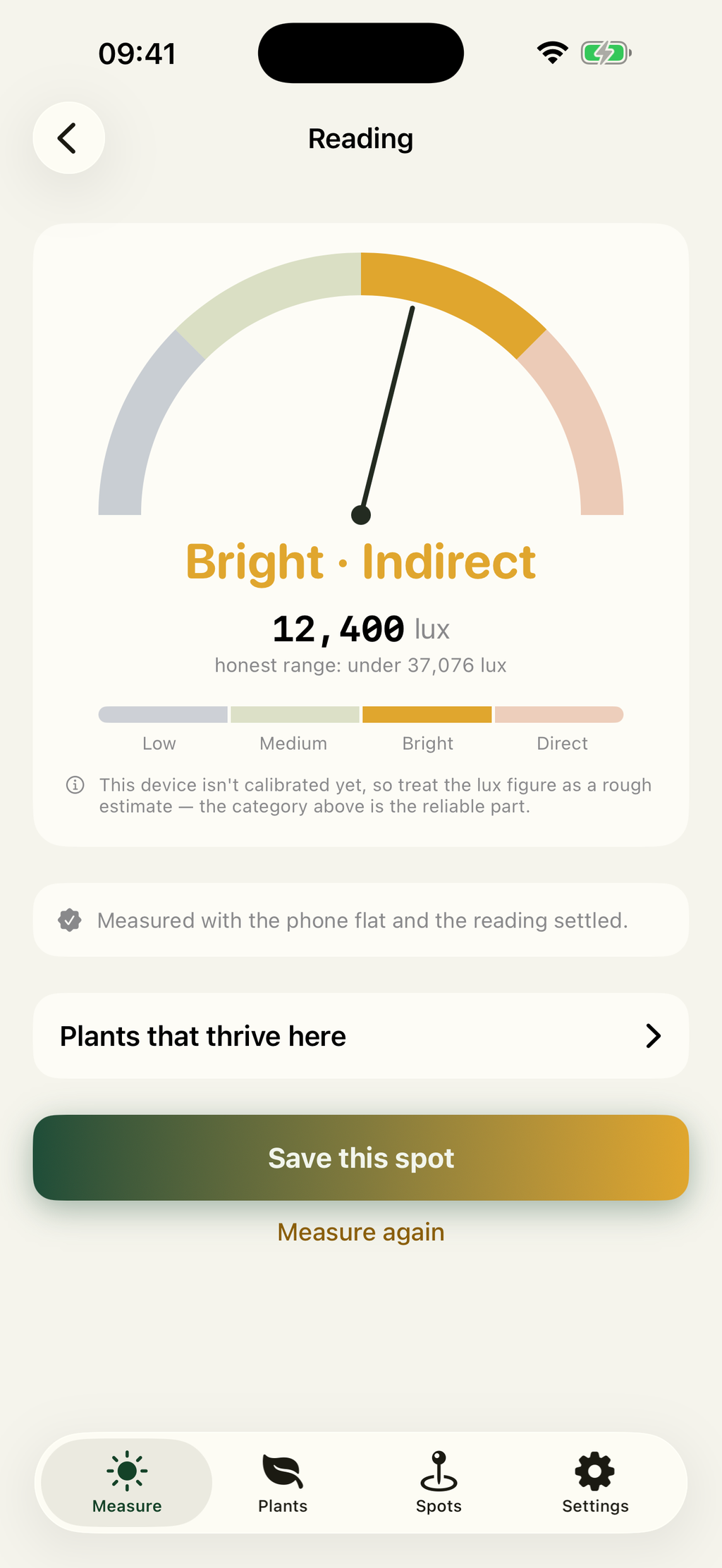 Solspot reading screen showing Bright Indirect at 12,400 lux