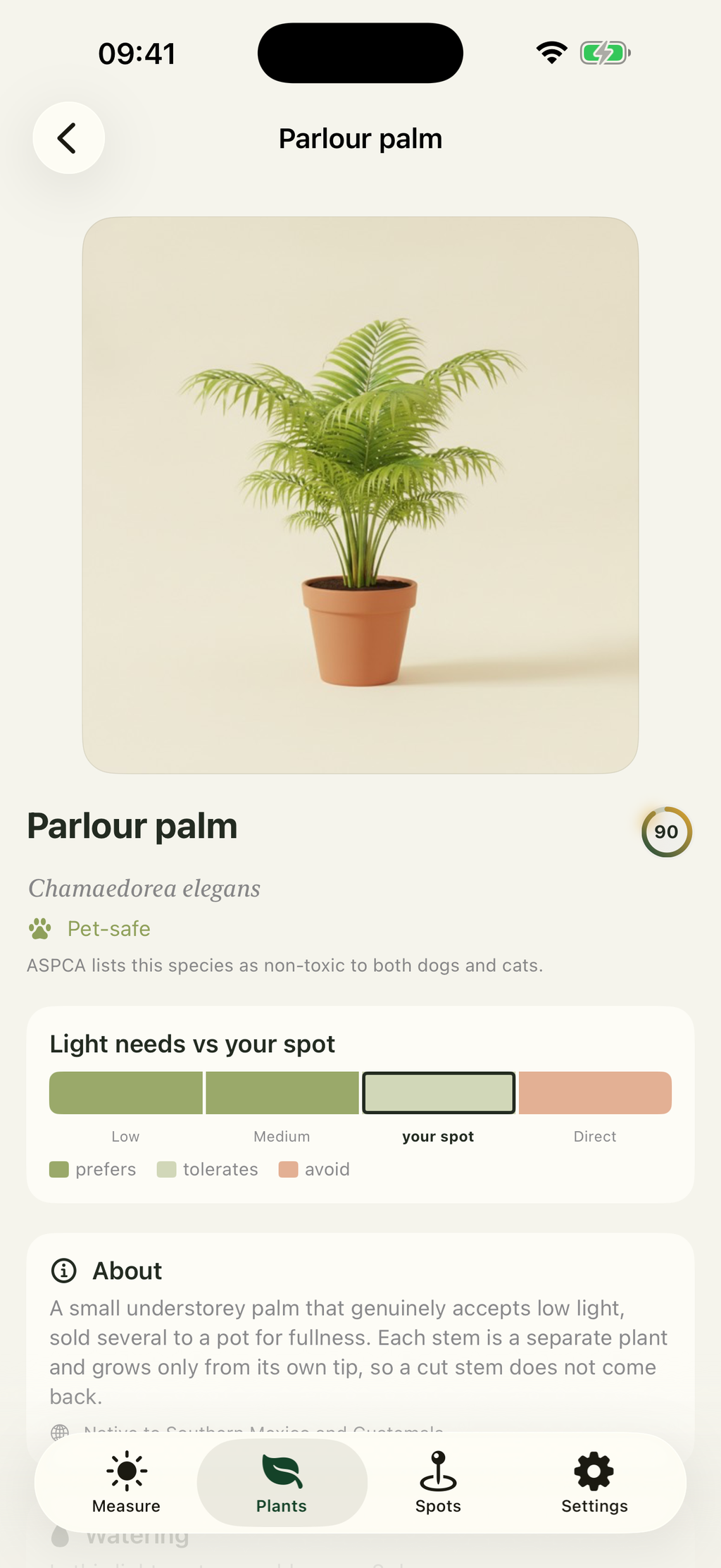 A plant page showing what it prefers, tolerates and should avoid