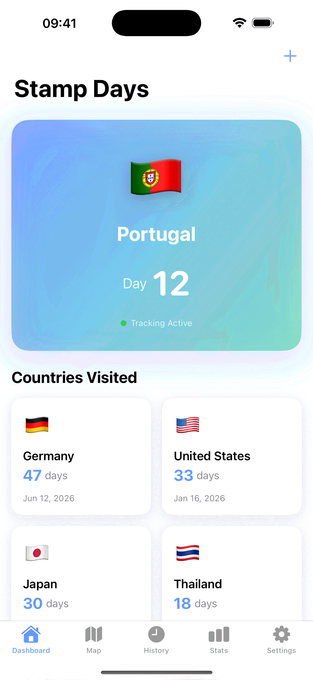 The Stamp Days dashboard, showing Portugal on day 12 with tracking active and a grid of countries visited