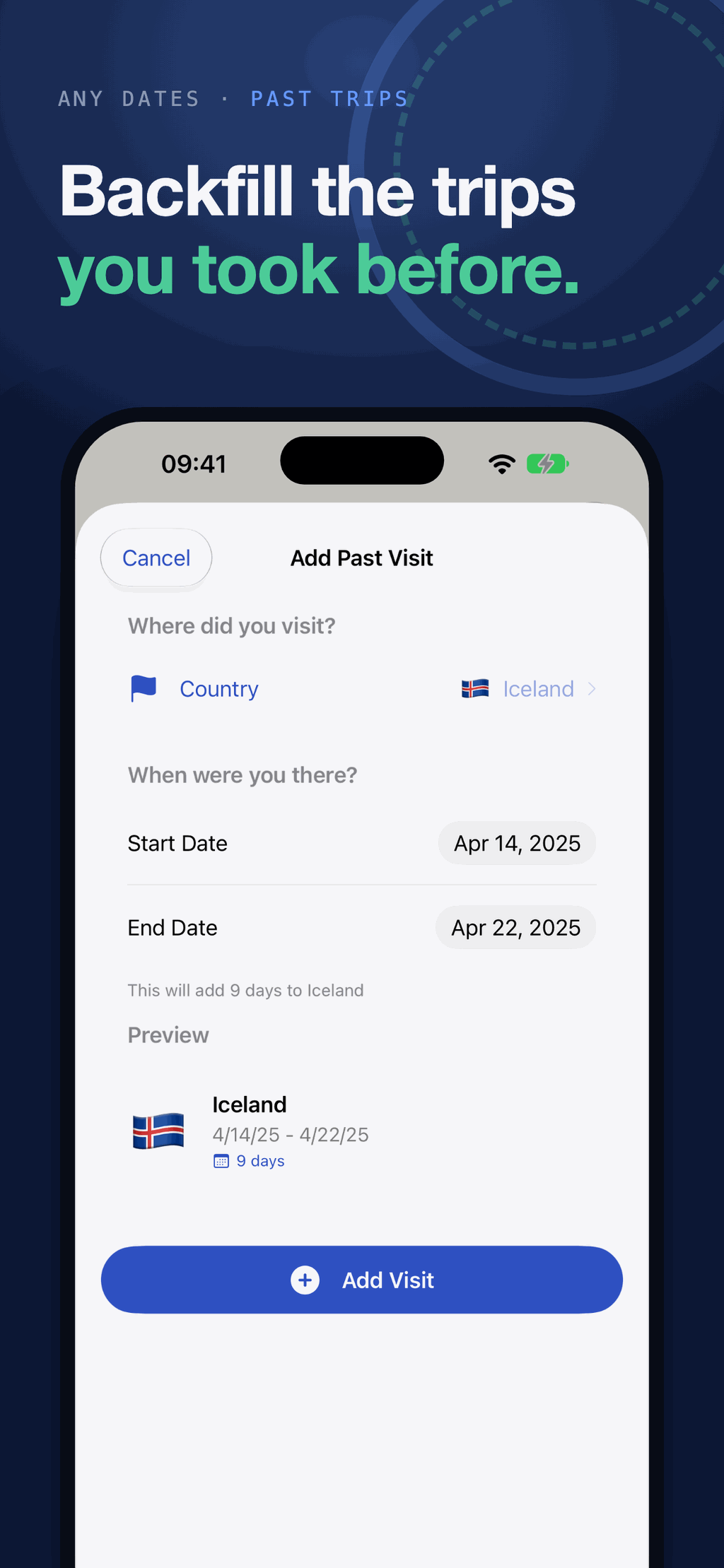 The Add Past Visit sheet with Iceland from April 14 to April 22, 2025, adding 9 days and previewing the entry