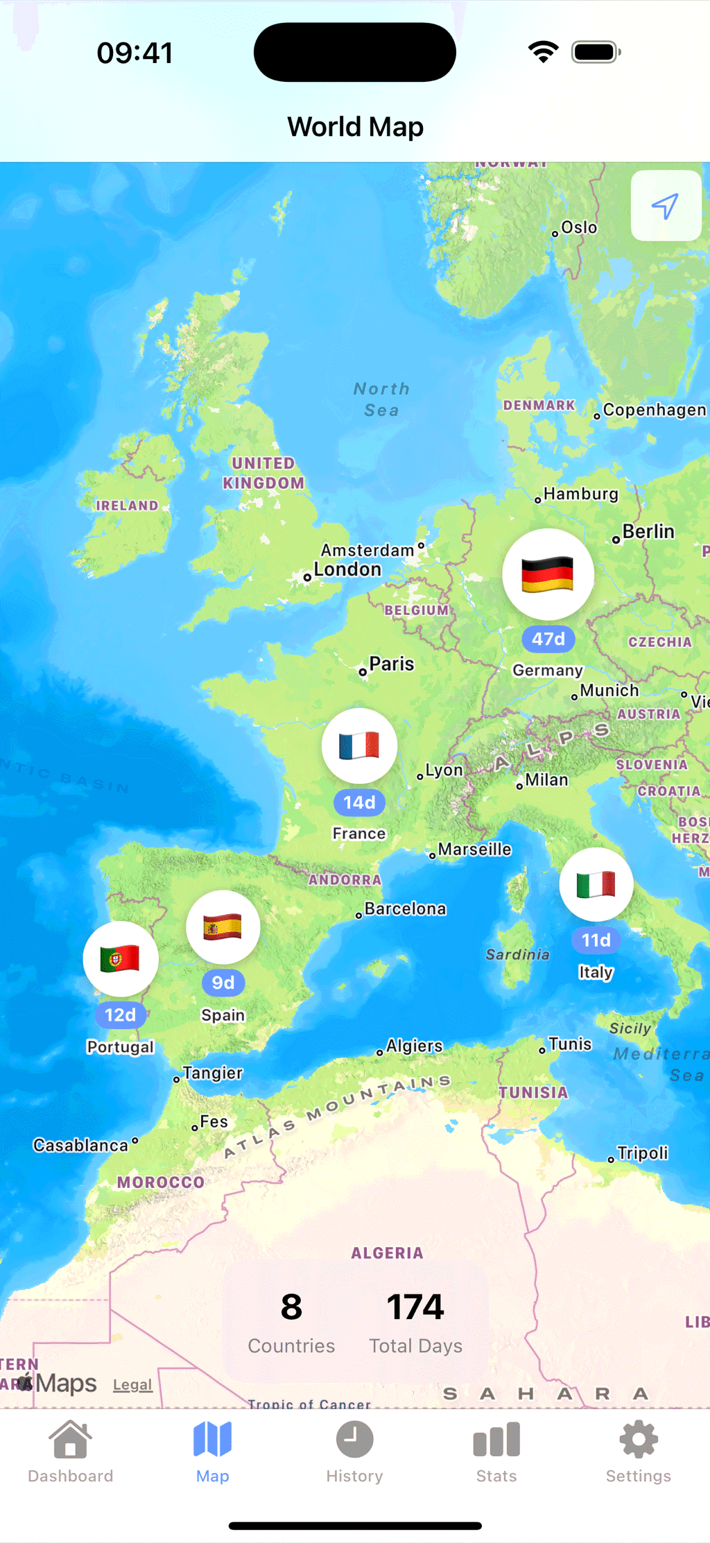 The world map over western Europe, with flag markers for Germany, France, Italy, Spain and Portugal labelled with days stayed, and a total of 8 countries and 174 days