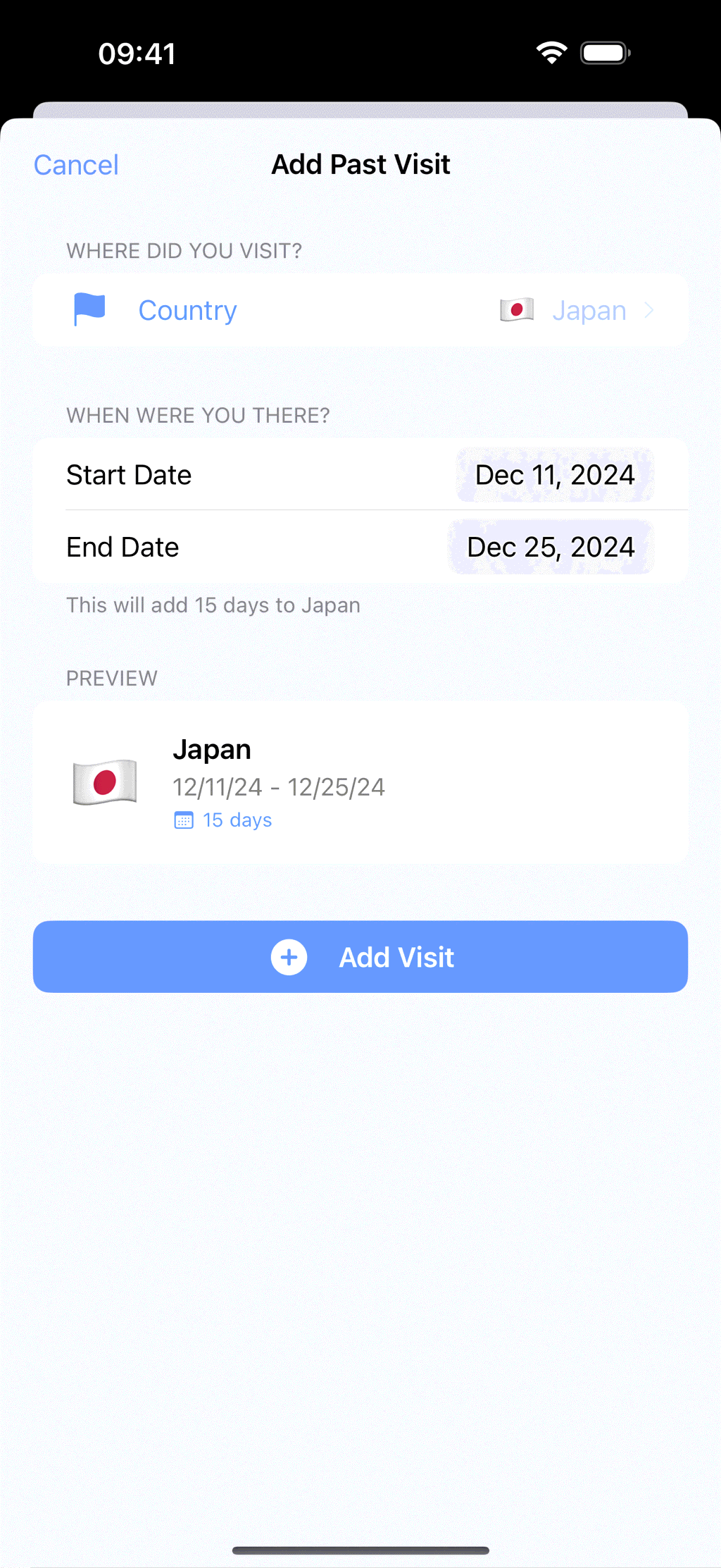 The Add Past Visit sheet, with Japan chosen and a start and end date set, showing that it will add 15 days and previewing the entry
