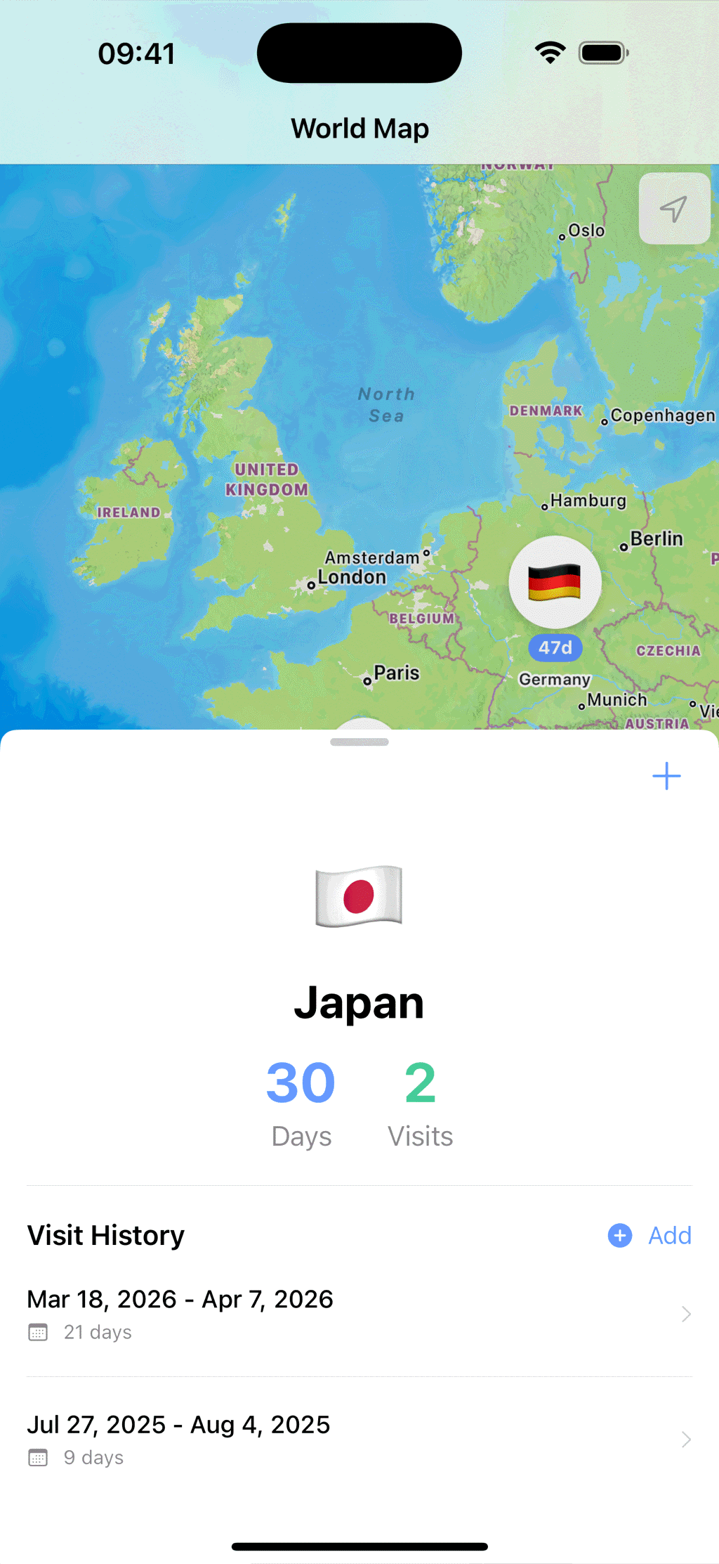 A country sheet for Japan over the map, showing 30 days across 2 visits and the dates of each visit in the history below