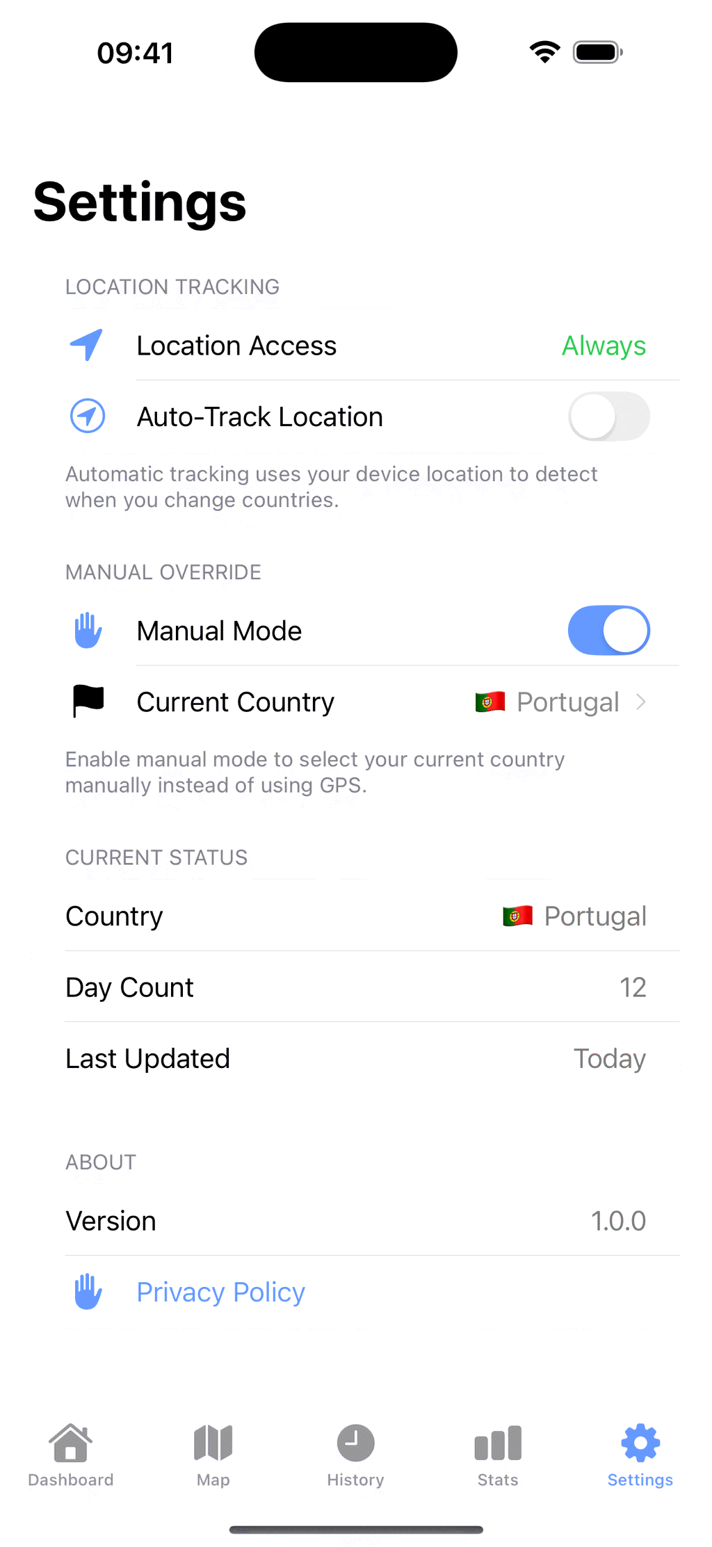 The Settings tab with automatic tracking switched off, manual mode switched on and Portugal chosen as the current country