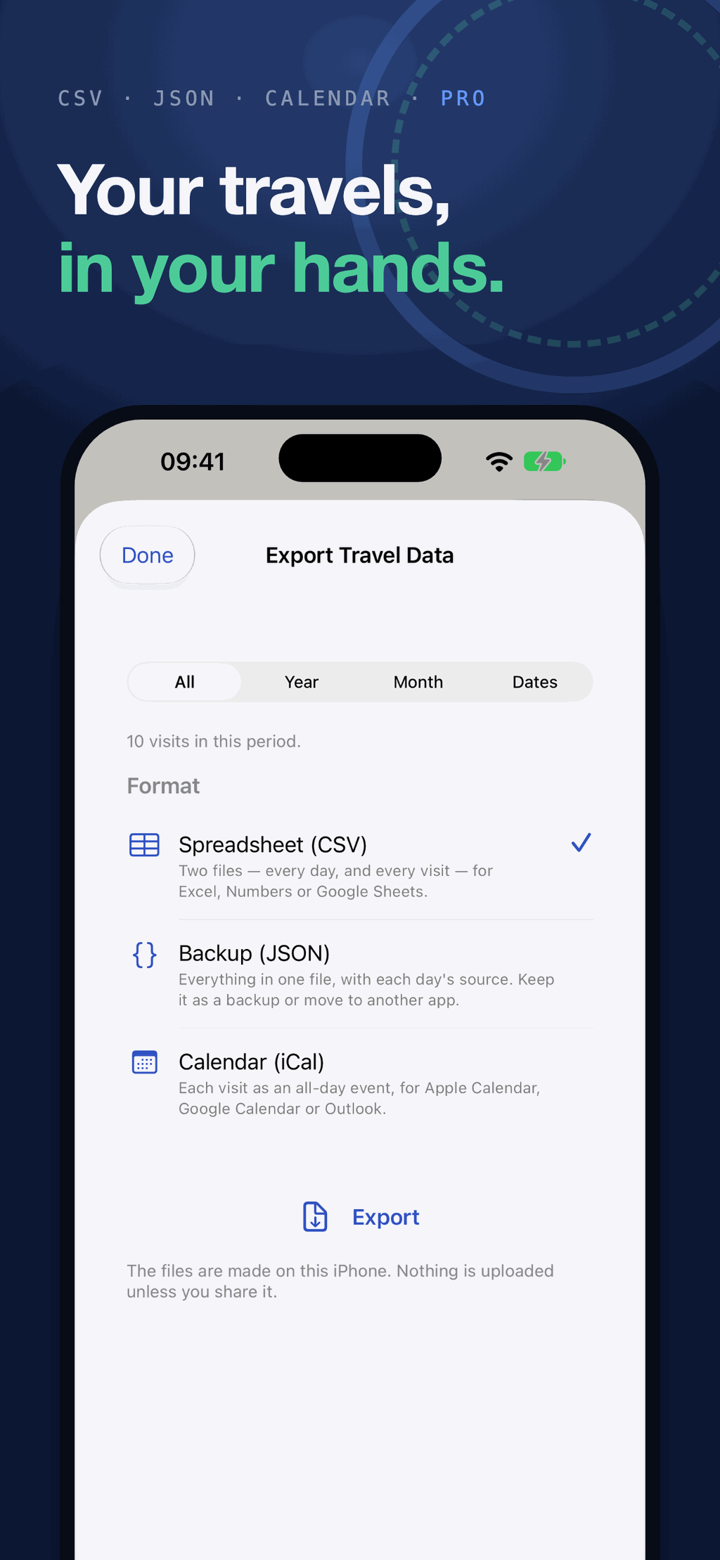 Export Travel Data, offering a spreadsheet (CSV), a JSON backup or calendar events (iCal) for all time, a year, a month or chosen dates, made on the iPhone